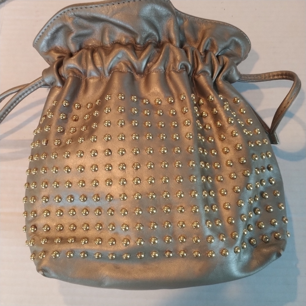 Gold Leather Studded Drawstring Bag